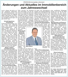PROFICON Immobilien informiert: Änderungen und Aktuelles im Immobilienbereich zum Jahreswechsel.